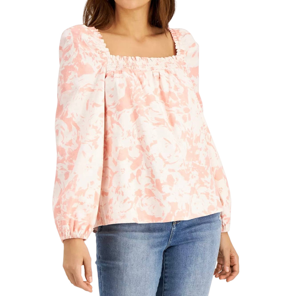 INC Smocked-Neck Top Sz Large NWT Pastel Garden Long Sleeves 0153